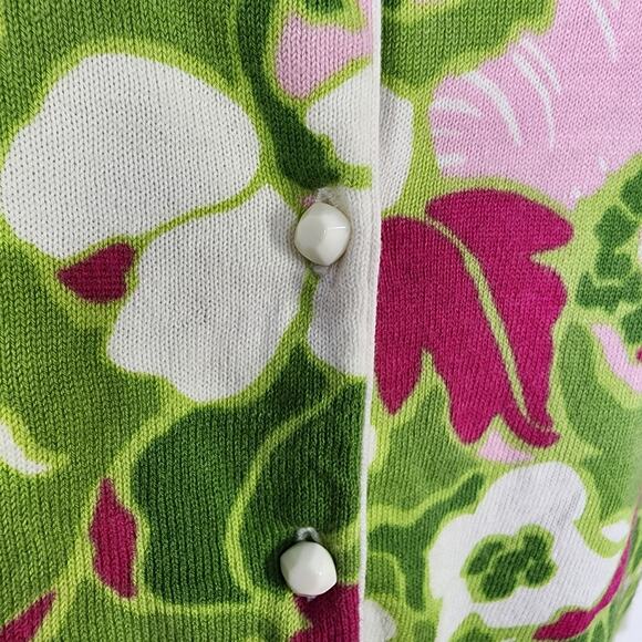 Talbots Petite Cardigan Medium Pink Green Floral 3/4 Sleeve Cotton Rayon Button - Picture 7 of 9